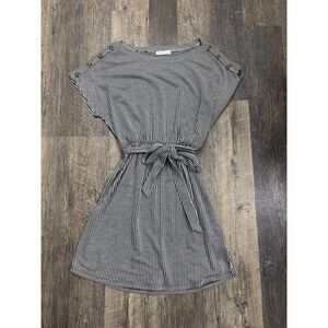 Blue Orchid Women Navy White Striped Button Shoulder Tie Waist Mini Dress Large